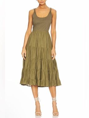 PAIGE Samosa Dress Olive Midi Tiered Mixed Media Size 6 NWT